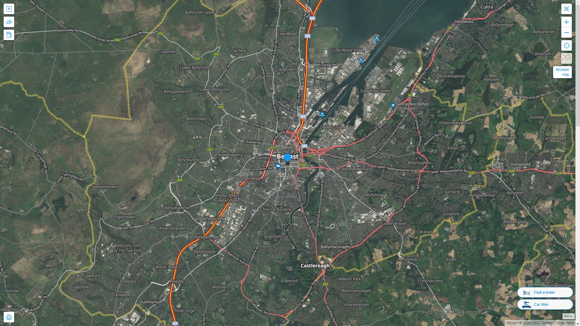 Belfast Irlande Autoroute et carte routiere avec vue satellite